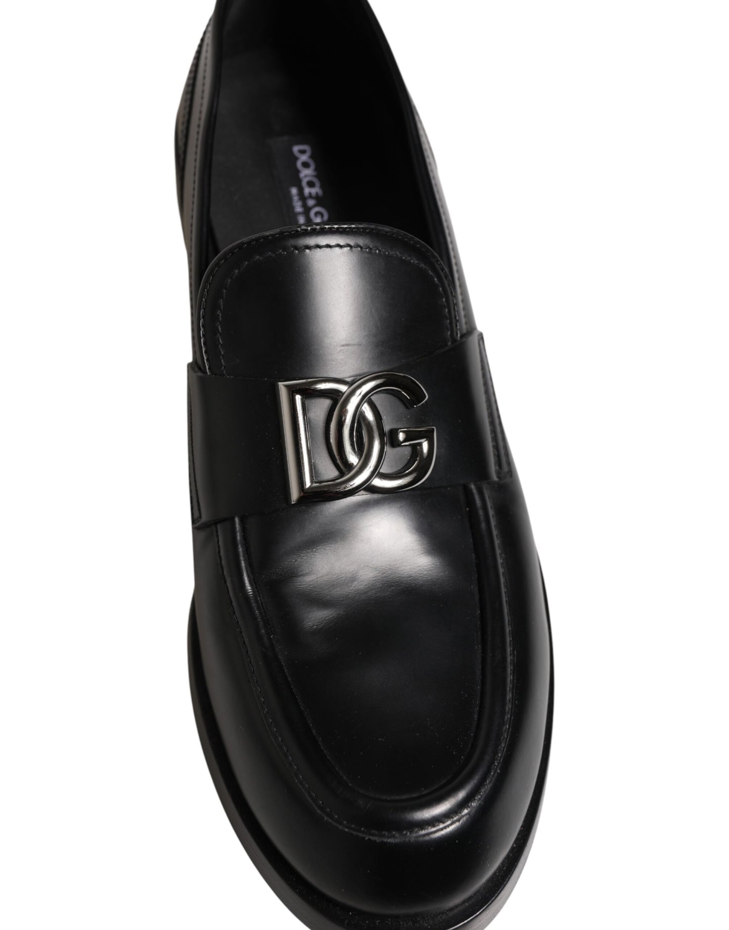 Dolce & Gabbana Black Leather DG Plaque Loafers Dress Shoes