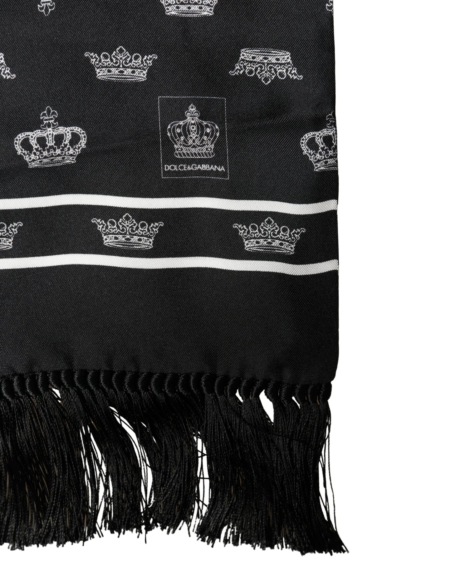 Dolce & Gabbana Black Silk Crown Fringes Neck Wrap Shawl 136cm X 15cm Scarf
