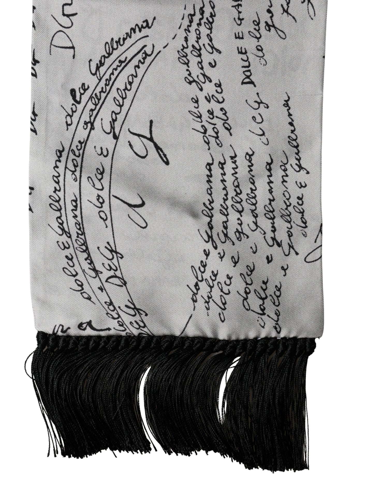 Dolce & Gabbana Scarf White Silk Script Logo Print Fringe 150cm x15cm Men