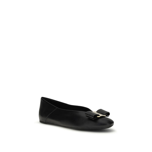 Ferragamo Black Calf Leather Bos Taurus Ballet Flats