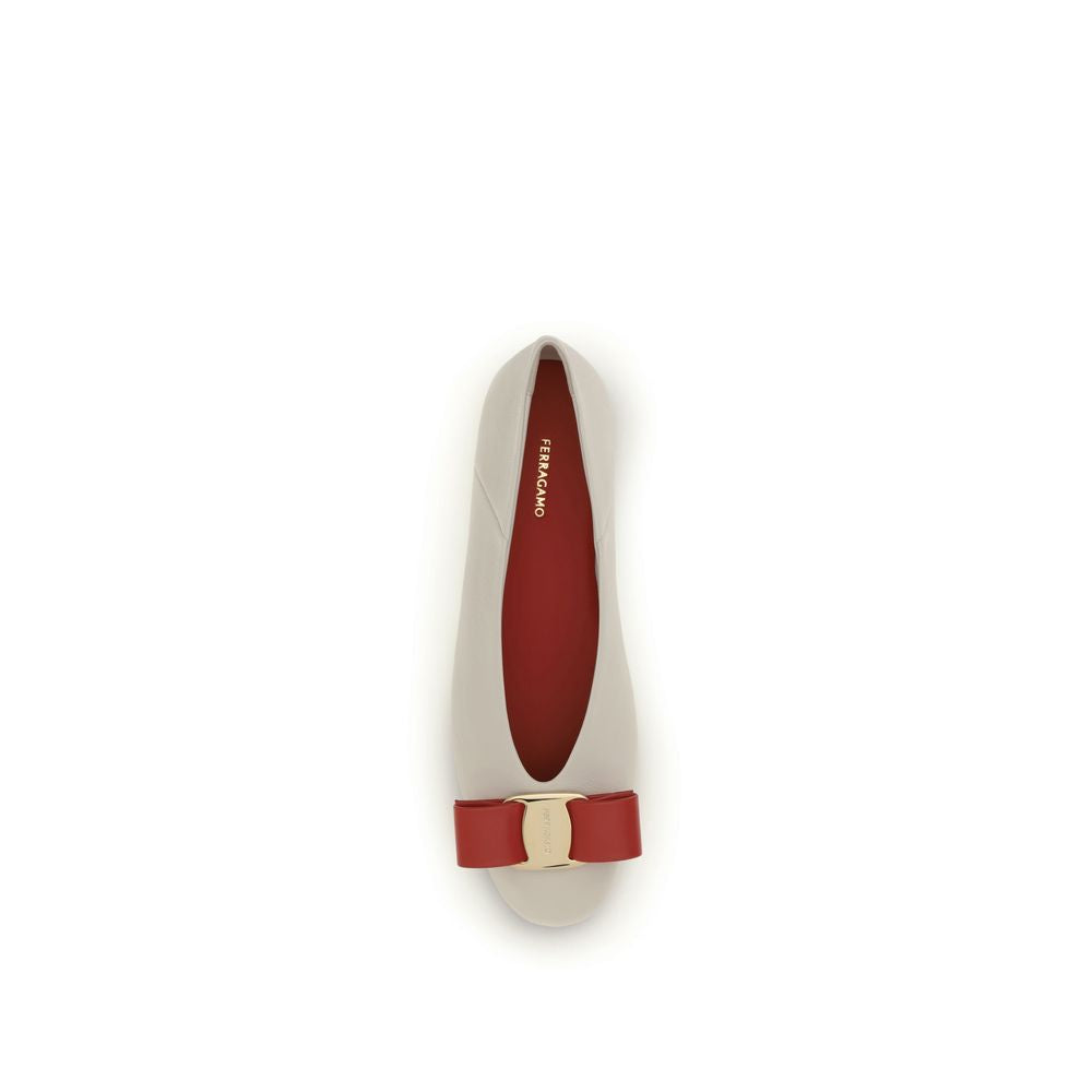 Ferragamo White Calf Leather Bos Taurus Ballet Flats
