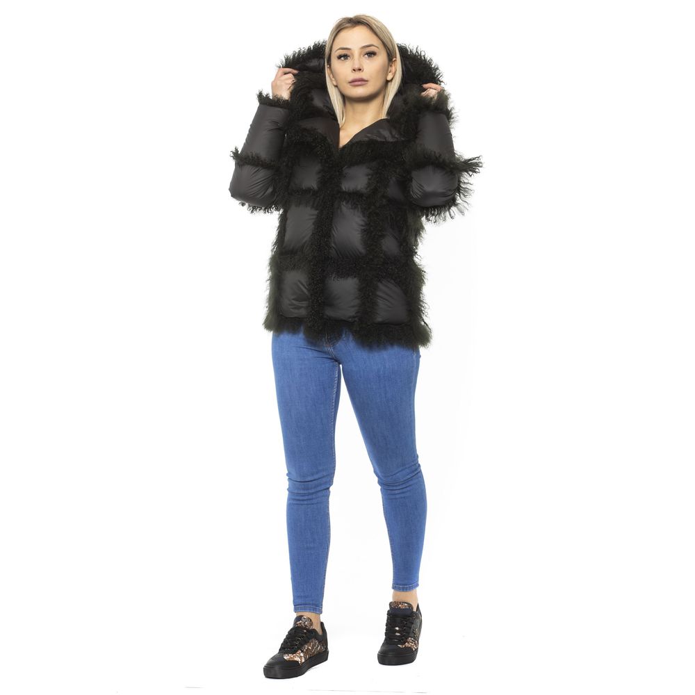 Mr&Mrs Italy Black Poly Jacket with Lamb Fur Hood for Women