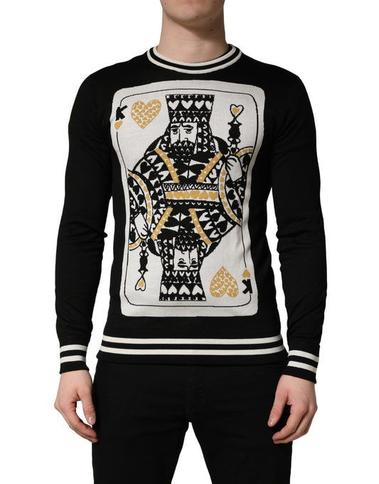 Dolce & Gabbana Black King Of Hearts Men Crew Neck Pullover Sweater