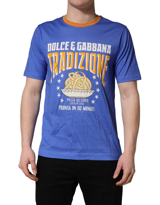 Dolce & Gabbana Blue Pasta Graphic Print Cotton Men Crewneck T-shirt