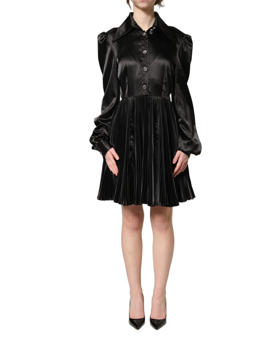 Dolce & Gabbana Black Satin Long Puff Sleeves Pleated Dress