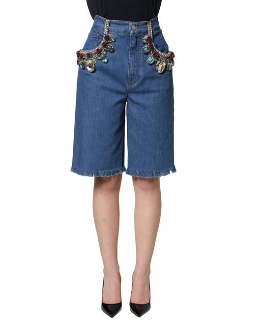 Dolce & Gabbana Blue Cotton Embellished BermudaDenim Shorts