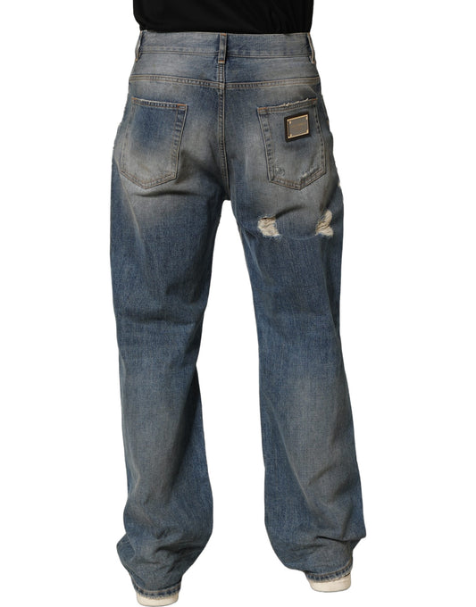 Dolce & Gabbana Blue Cotton Distressed Straight Denim Jeans