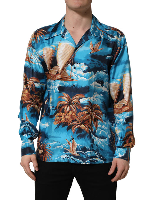 Dolce & Gabbana Blue Silk Twill Hawaiian GraphicPrint Shirt