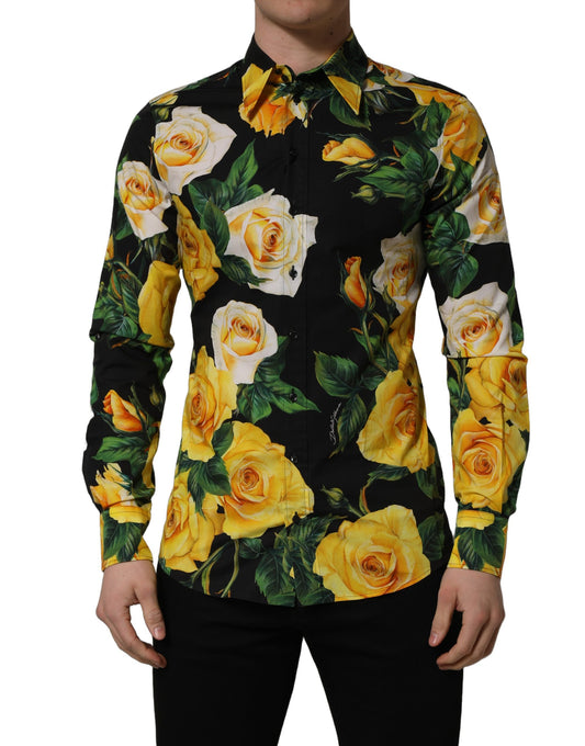 Dolce & Gabbana Black Floral Stretch Cotton SICILIA Fit Dress Shirt