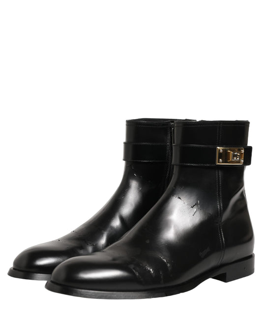 Dolce & Gabbana Black Leather Logo Buckle Mid Calf Boots Shoes