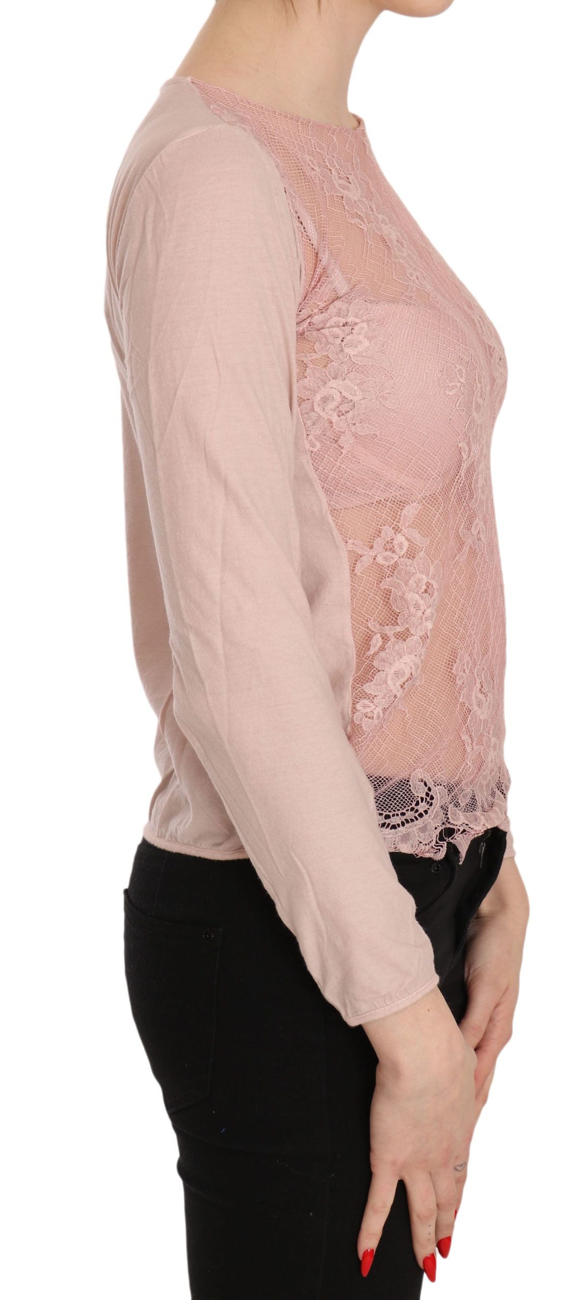 PINK MEMORIES Pink Lace See Through Long Sleeve Top Blouse