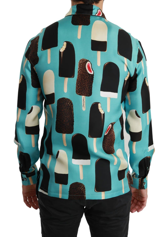 Dolce & Gabbana Blue Silk Ice Cream Print Casual Shirt