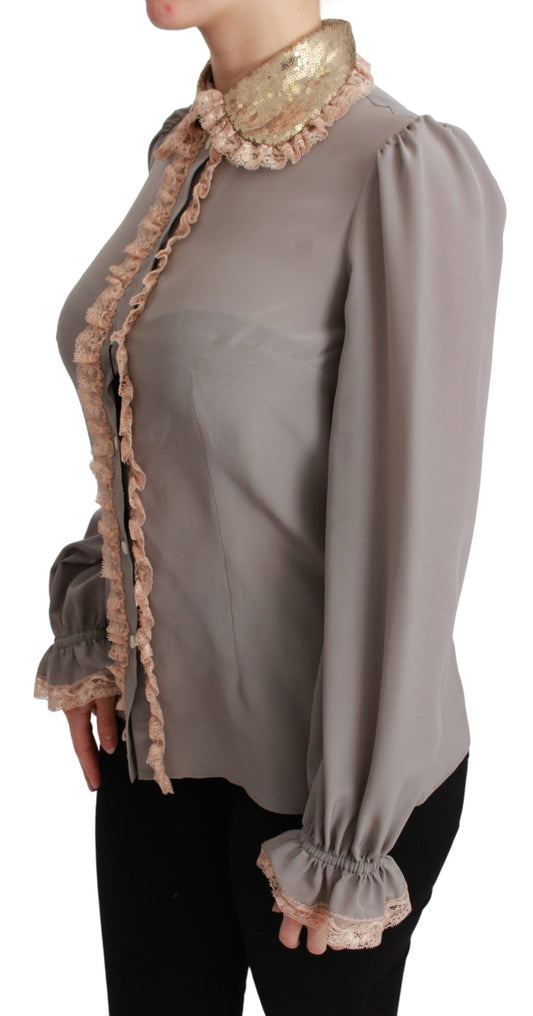 Dolce & Gabbana Gray Silk Gold Sequin Lace Blouse Shirt