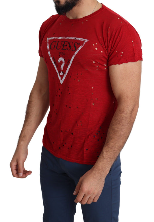 Guess Red Cotton Logo Print Men Casual Top Perforated T-shirt