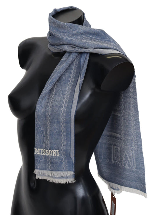 Missoni Blue Patterned Cashmere Unisex Neck Wrap Fringes Scarf