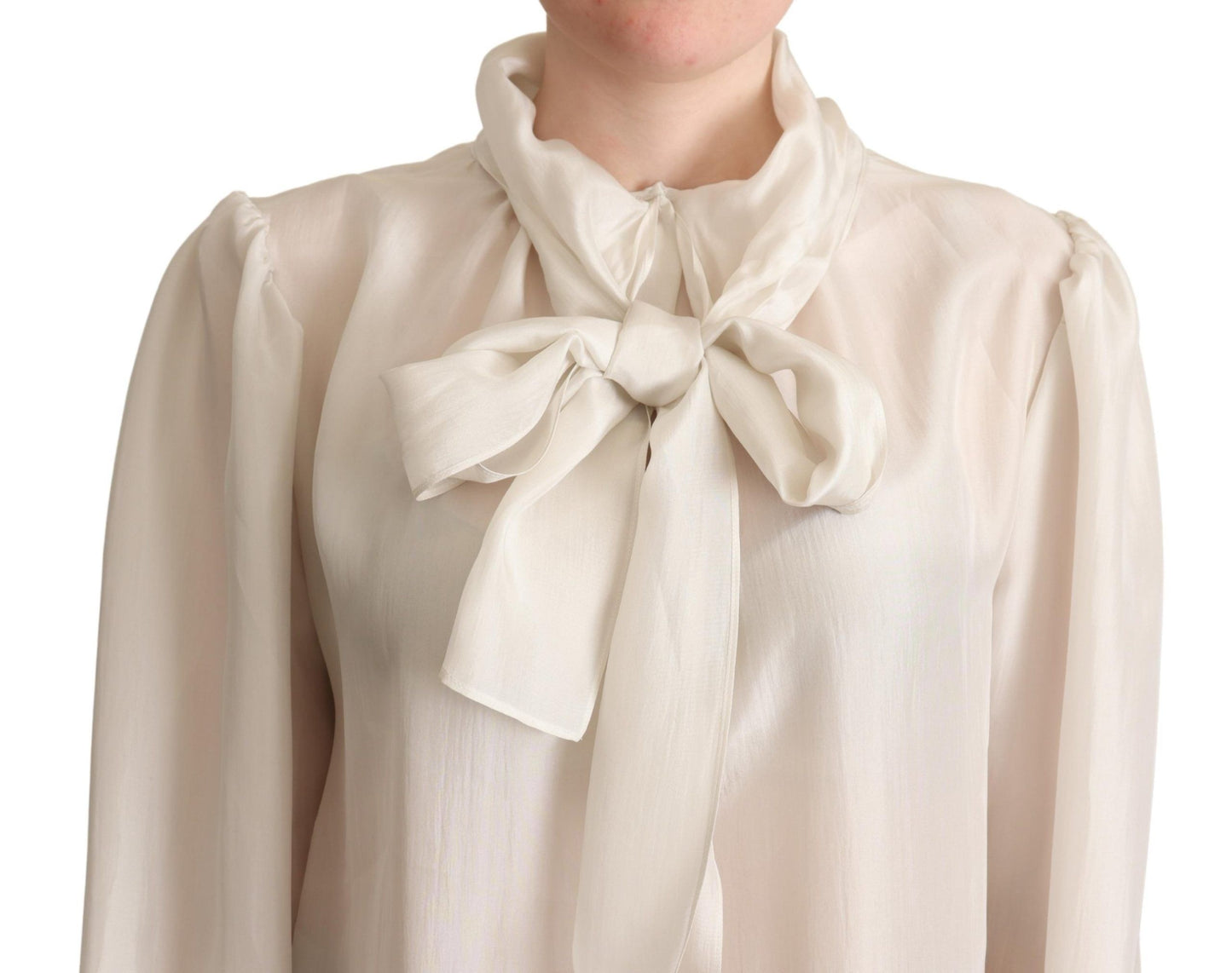 Dolce & Gabbana Light Gray Ascot Collar Shirt Silk Blouse Top