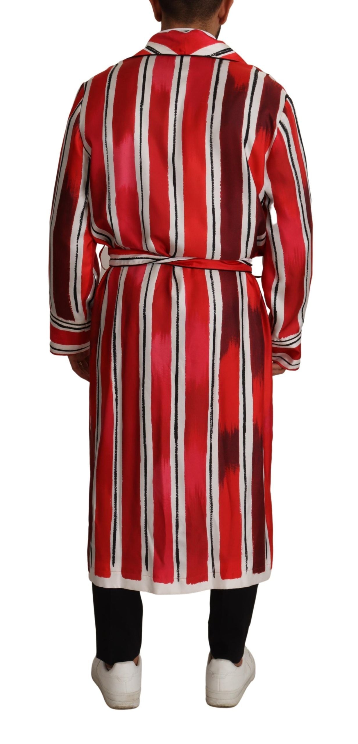 Dolce & Gabbana Red White Striped Silk Mens Night Gown Robe