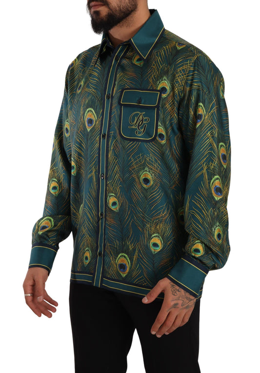 Dolce & Gabbana Peacock Feather Print Silk Pajama Mens Shirt