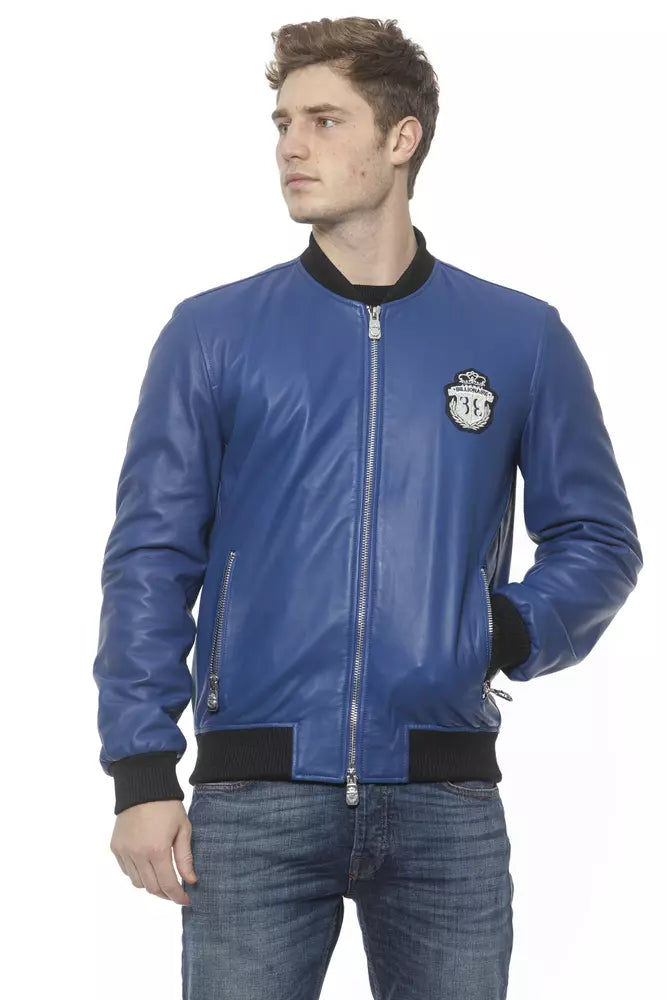 Billionaire Italian Couture Blue Leather Men's Bomber Jacket