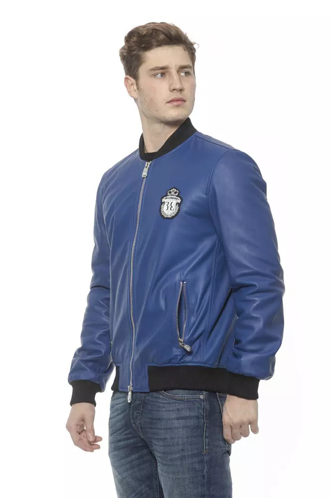 Billionaire Italian Couture Blue Leather Men's Bomber Jacket