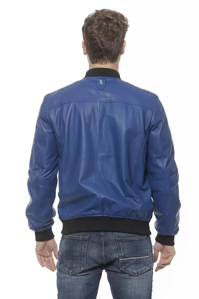 Billionaire Italian Couture Blue Leather Men's Bomber Jacket
