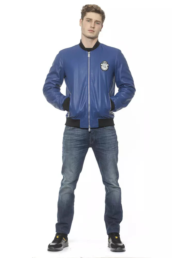 Billionaire Italian Couture Blue Leather Men's Bomber Jacket