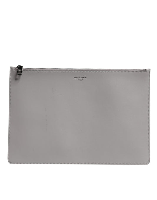 Dolce & Gabbana Gray Solid Leather DG Logo Men Clutch Zip Pouch Bag