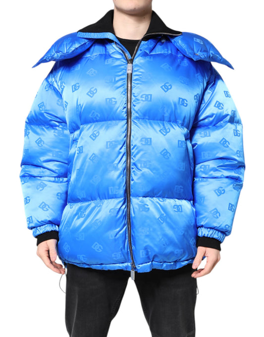 Dolce & Gabbana Blue Logo Full Zip Hooded Quilted Jacket