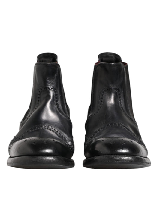 Dolce & Gabbana Black Leather Ankle Boots Slip On Shoes