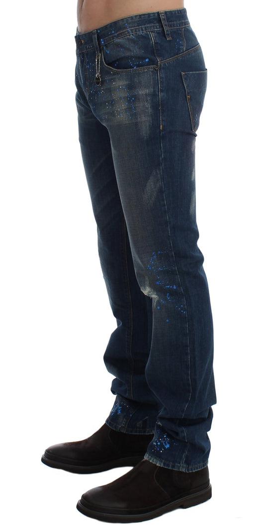 Costume National Blue Wash Paint Slim Fit Pants Jeans