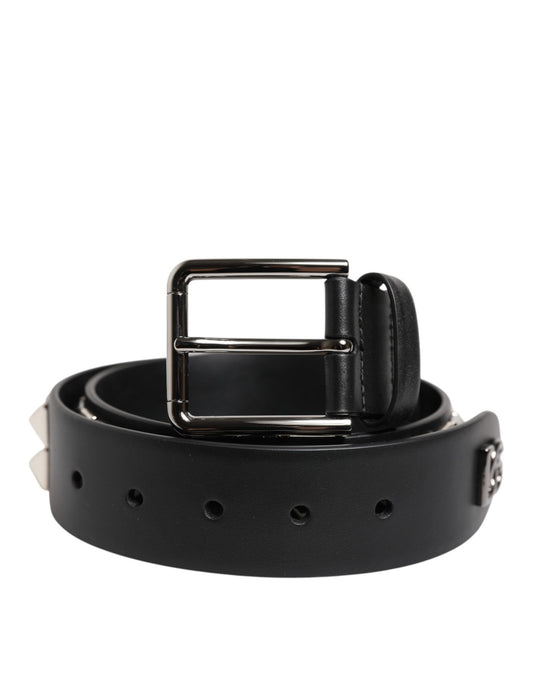 Dolce & Gabbana Black Leather Studded DG Metal Buckle Belt