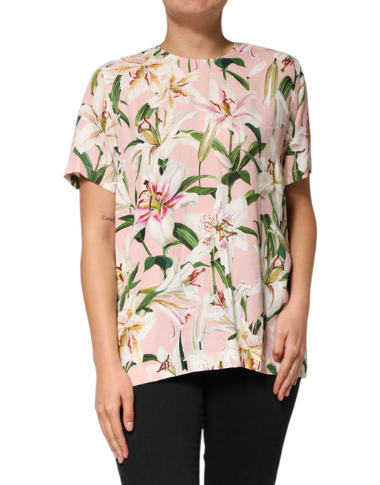 Dolce & Gabbana Pink Lily Printed Round Neck Blouse Top