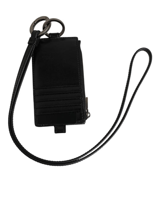 Dolce & Gabbana Black Leather Logo Embossed Lanyard Card Holder Wallet