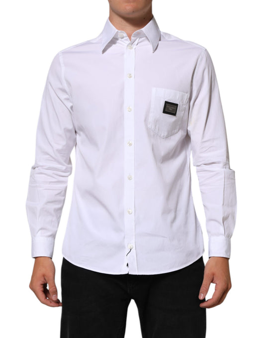 Dolce & Gabbana White Logo Plaque Collared Formal Dress Shirt