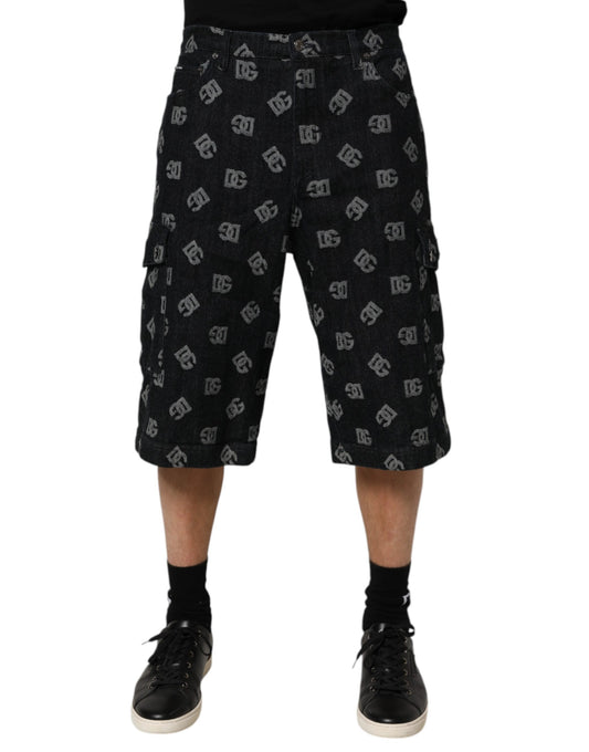 Dolce & Gabbana Black Monogram Denim Cargo Men Bermuda Short