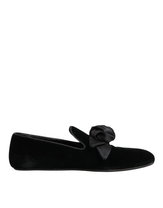 Dolce & Gabbana Black Suede Cotton Rose Slip On Loafers Shoes