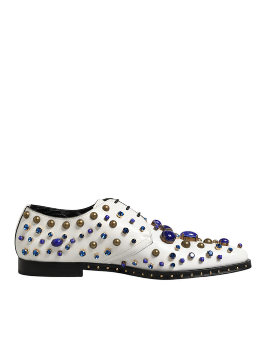 Dolce & Gabbana White Leather Crystals Embellished Dress Shoes