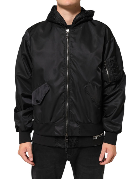 Dolce & Gabbana Black Nylon Hooded Full Zip Bomber Men Jacket