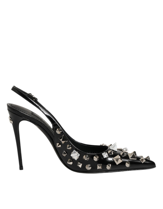 Dolce & Gabbana Black Studded Leather Heels Slingbacks Shoes