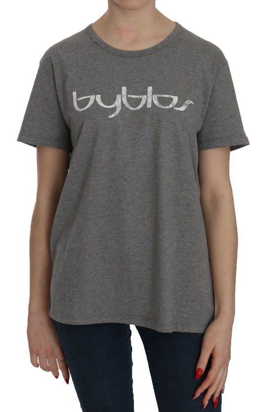 BYBLOS Cotton Grey Short Sleeve Round Neck Top T-shirt Blouse