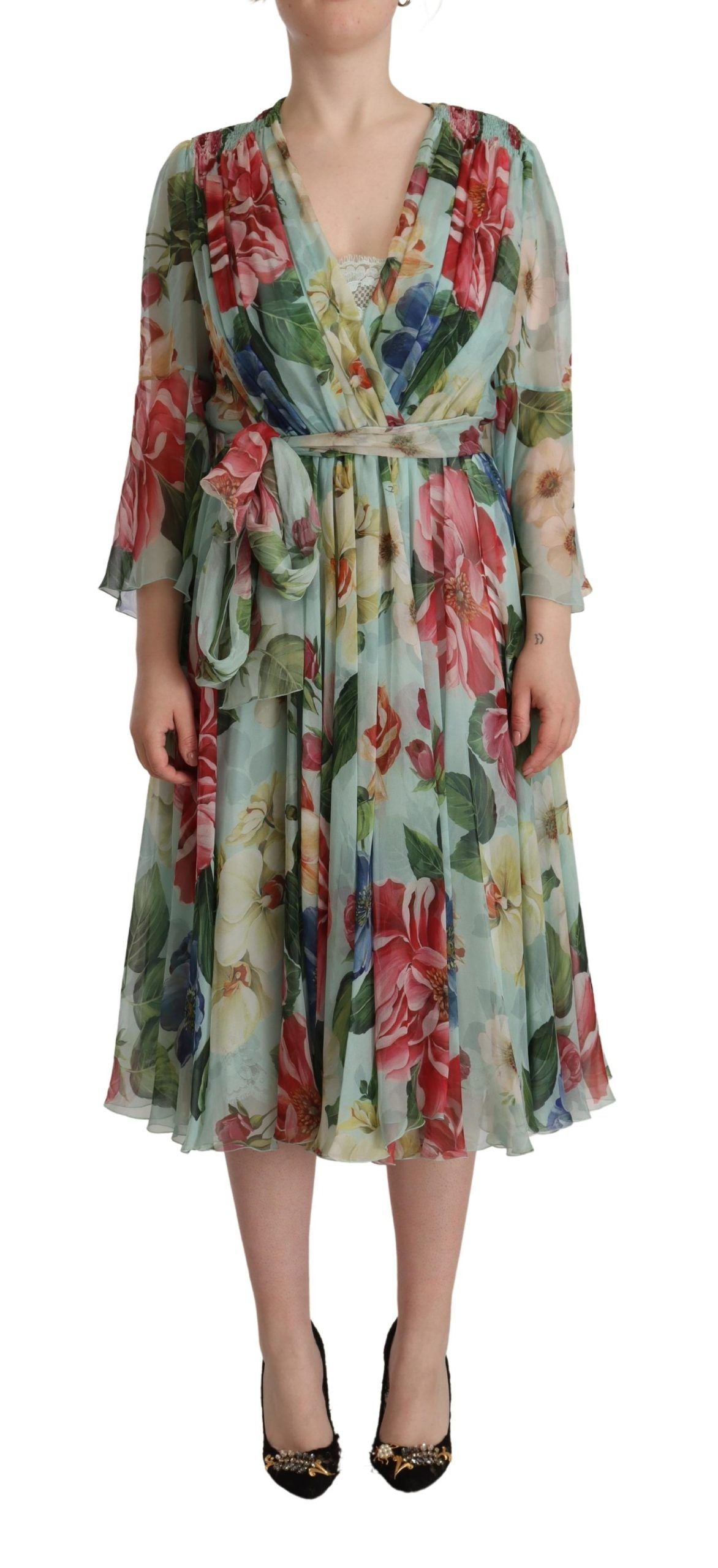 Dolce & Gabbana Multicolor Green Silk Wrap Gown Dress