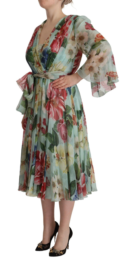 Dolce & Gabbana Multicolor Green Silk Wrap Gown Dress