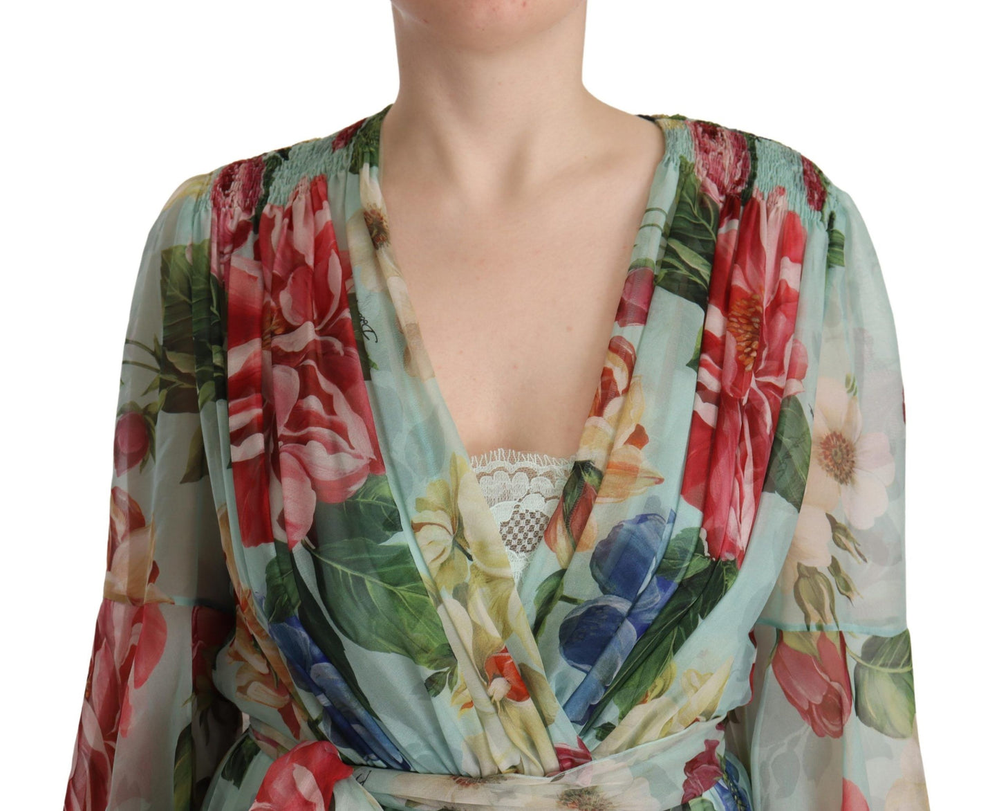 Dolce & Gabbana Multicolor Green Silk Wrap Gown Dress