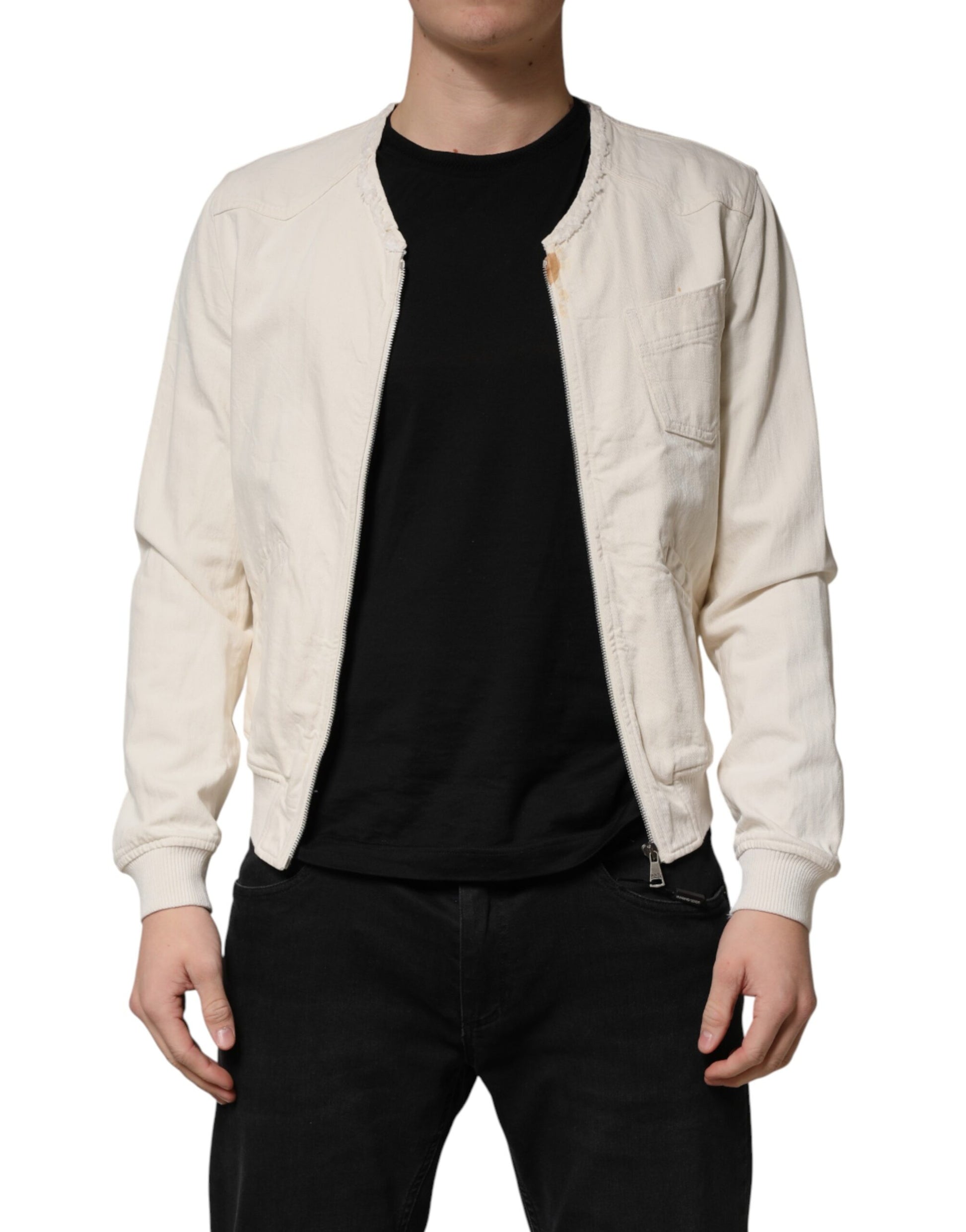 Dolce & Gabbana Off White Cotton Full Zip Denim Men Blouson Jacket
