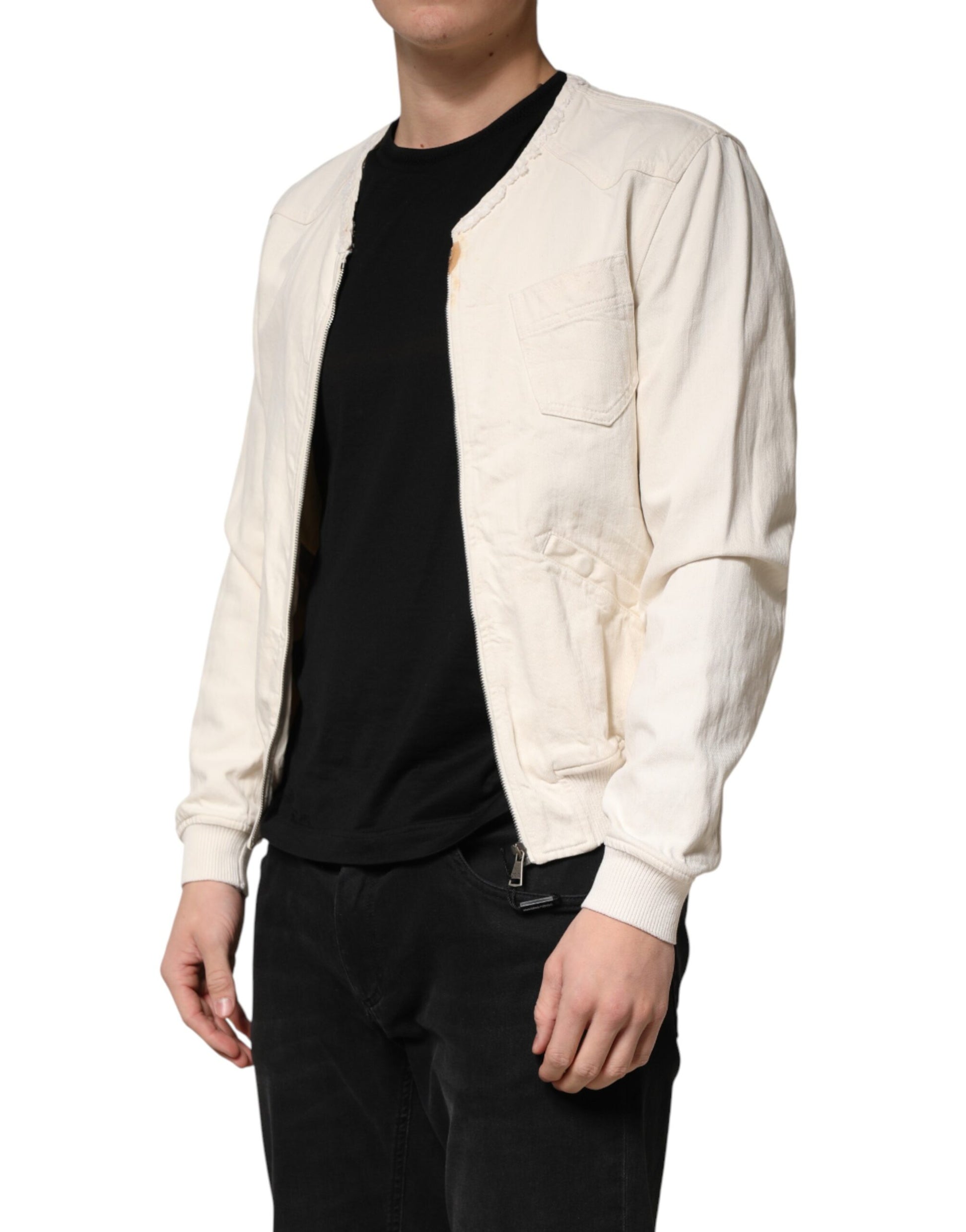 Dolce & Gabbana Off White Cotton Full Zip Denim Men Blouson Jacket