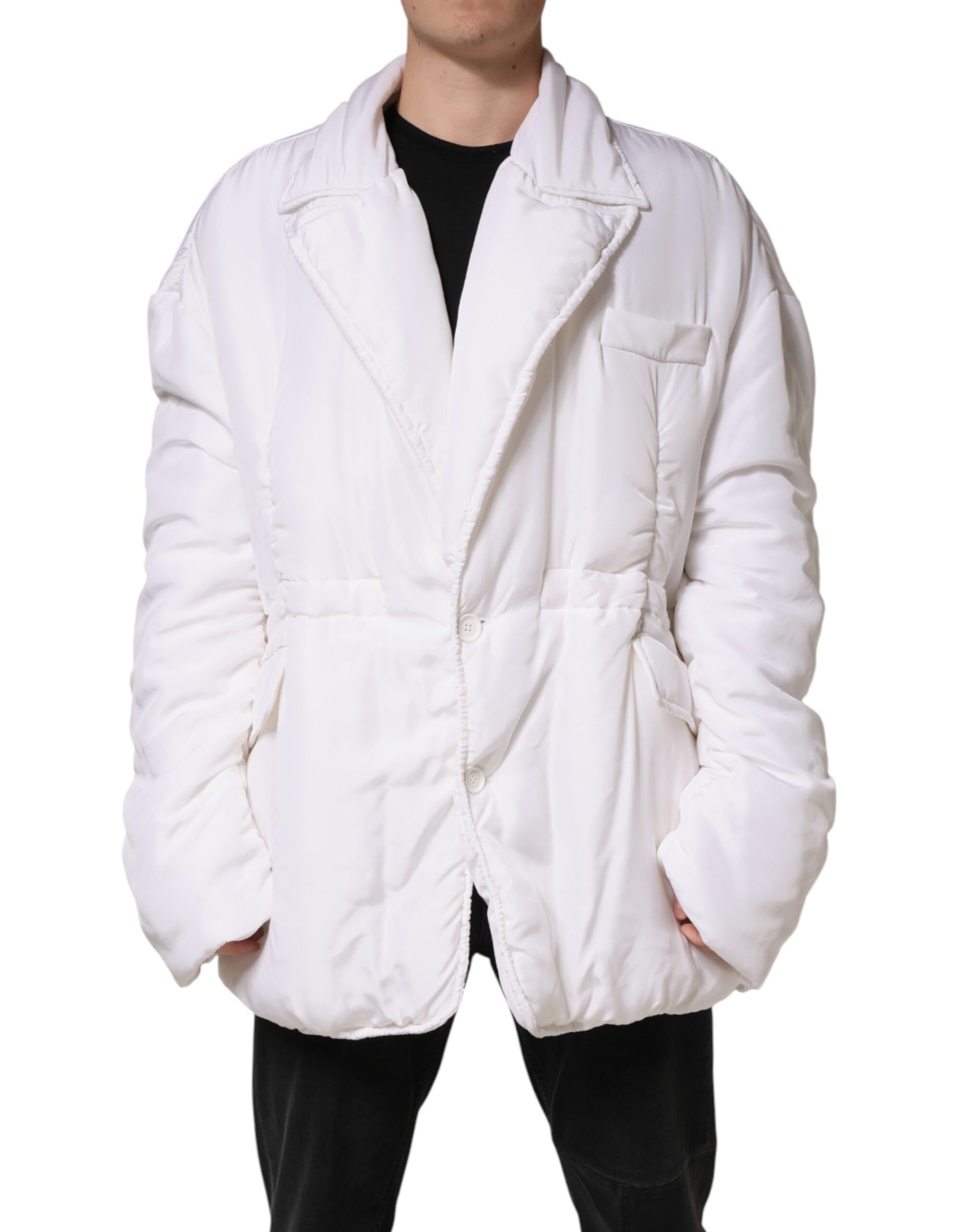 Dolce & Gabbana White Silk Padded Parka Men Coat Jacket