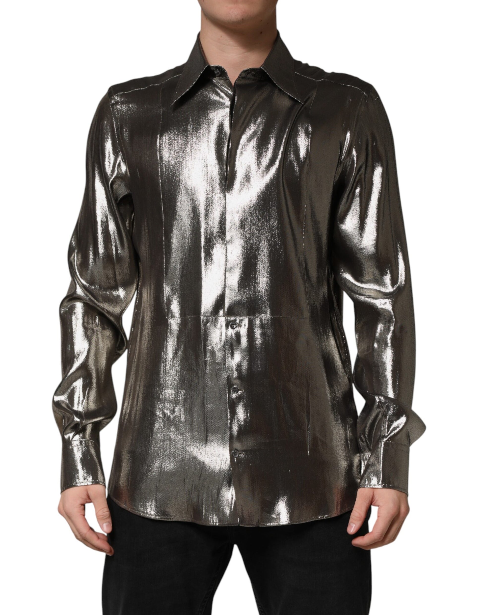 Dolce & Gabbana Silver Silk GOLD Collared Dress Formal Shirt