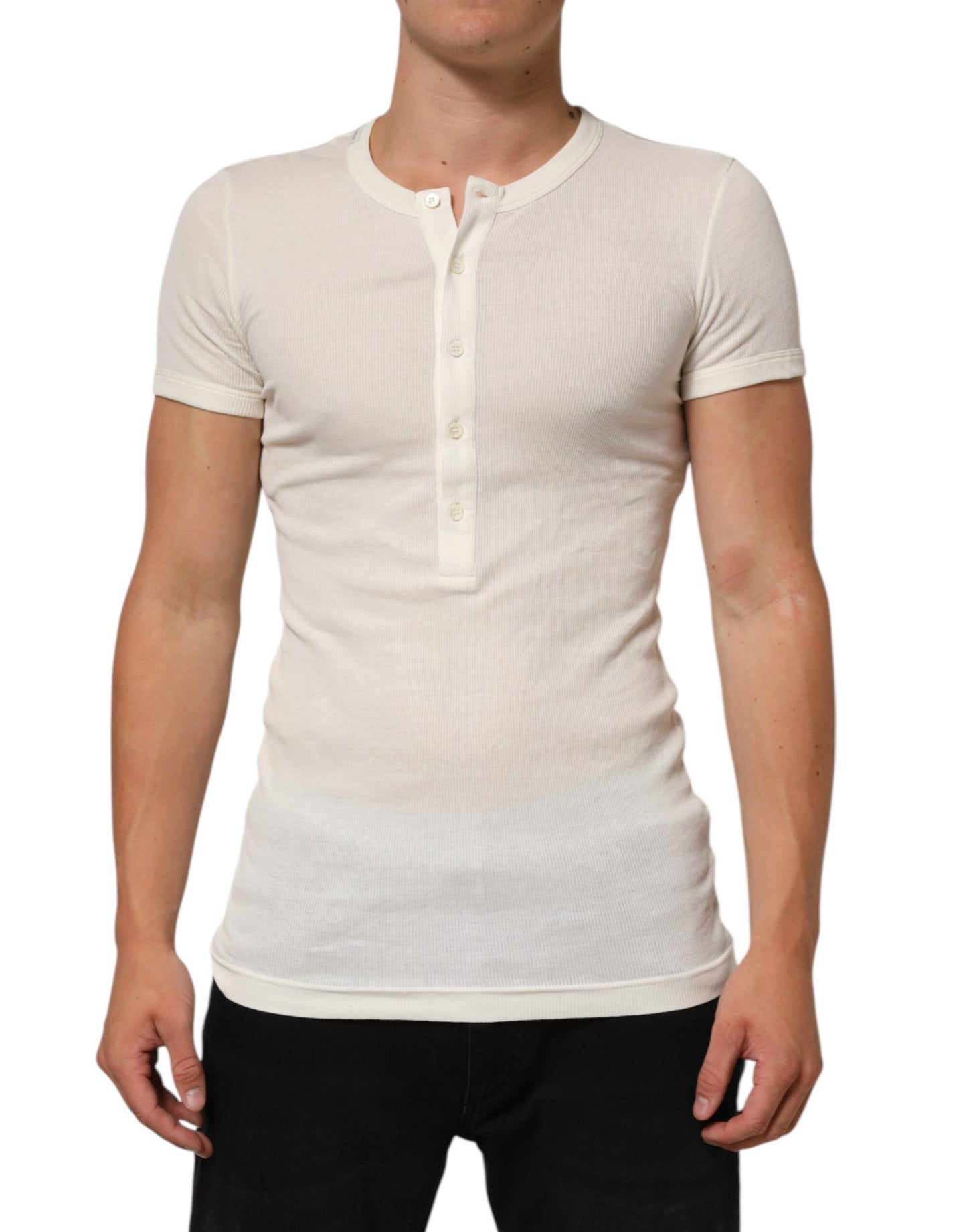 Dolce & Gabbana Off White Cotton Short Sleeve Henley T-shirt