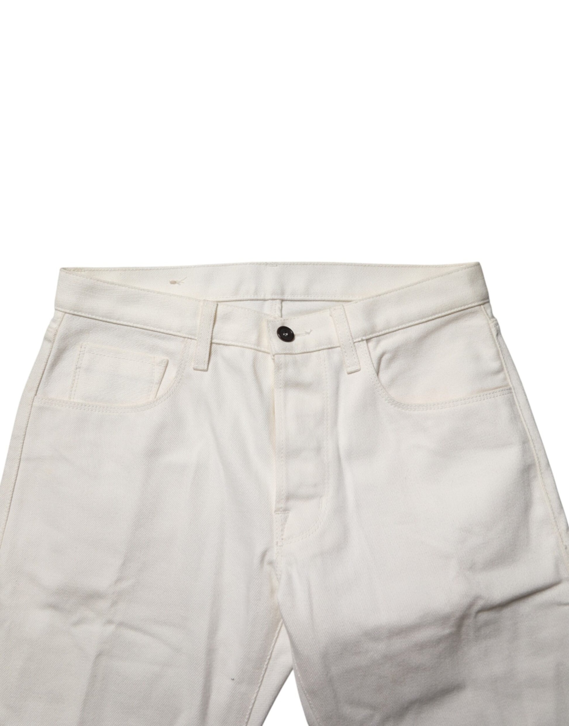 Fortela White Cotton Straight Denim Mid Waist Trouser Jeans