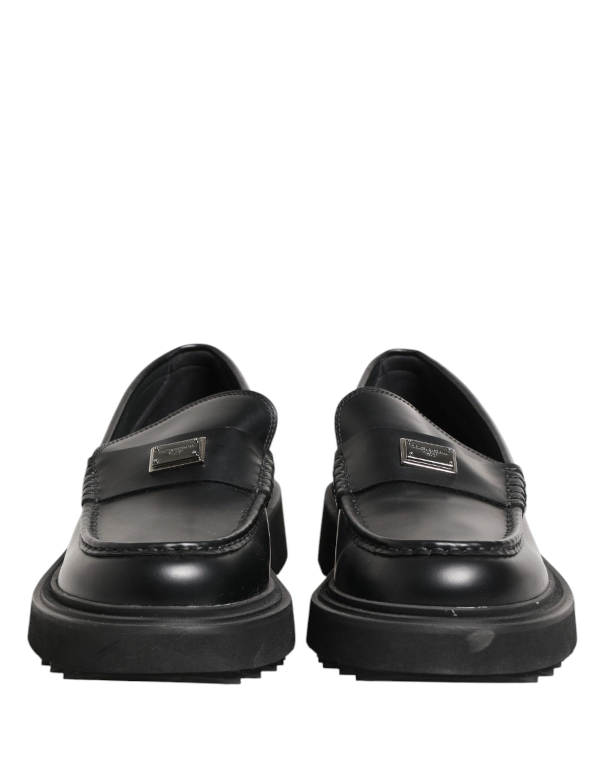 Dolce & Gabbana Black Leather DG Plaque Loafers Dress Shoes
